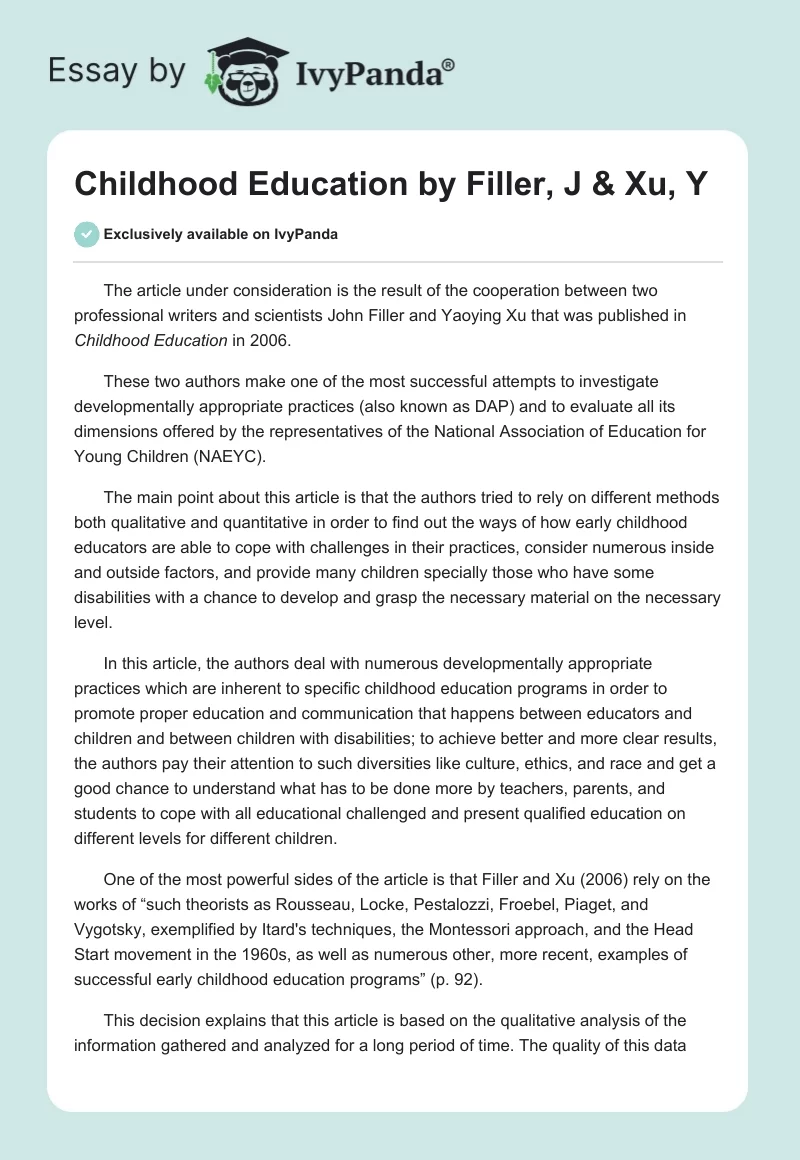 Childhood Education by Filler, J & Xu, Y. Page 1
