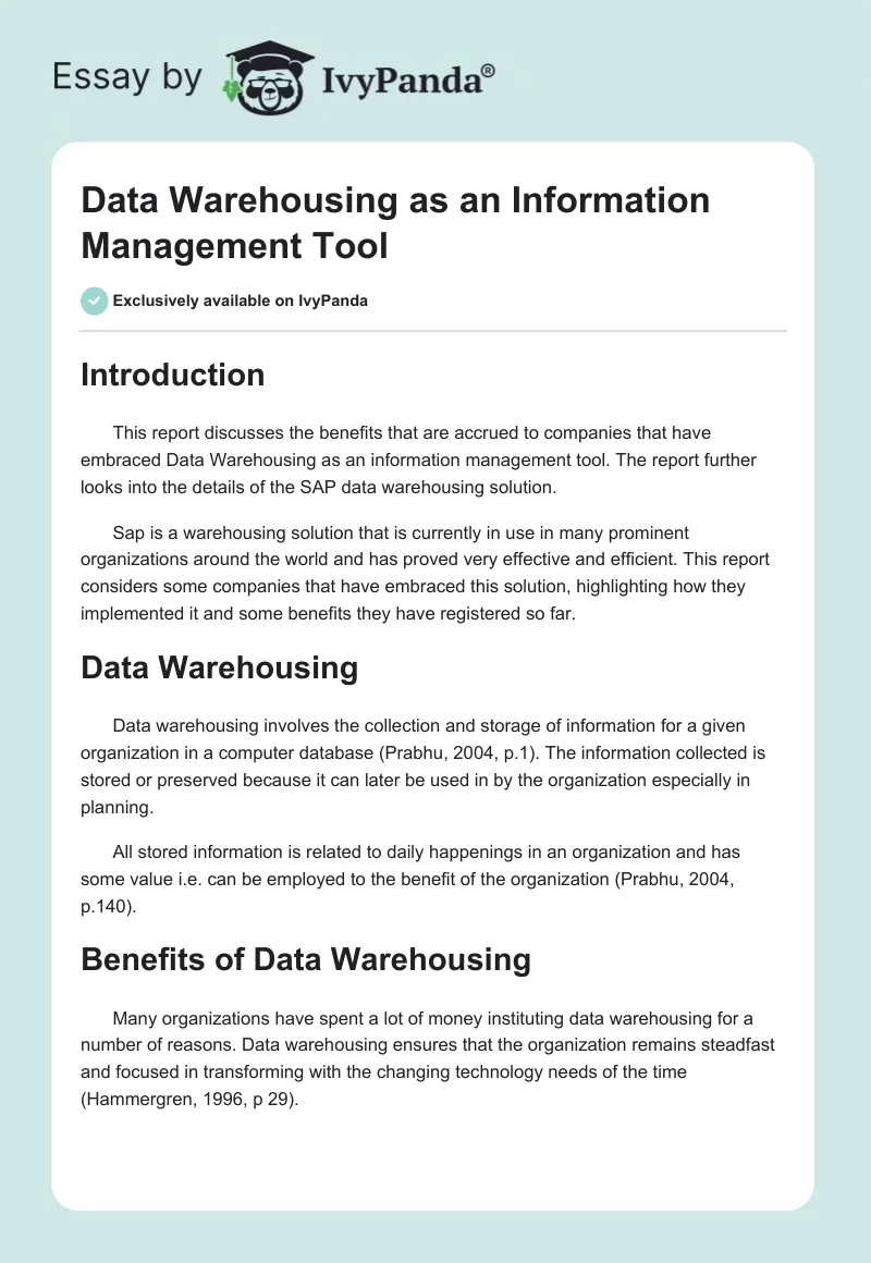Data Warehousing as an Information Management Tool. Page 1