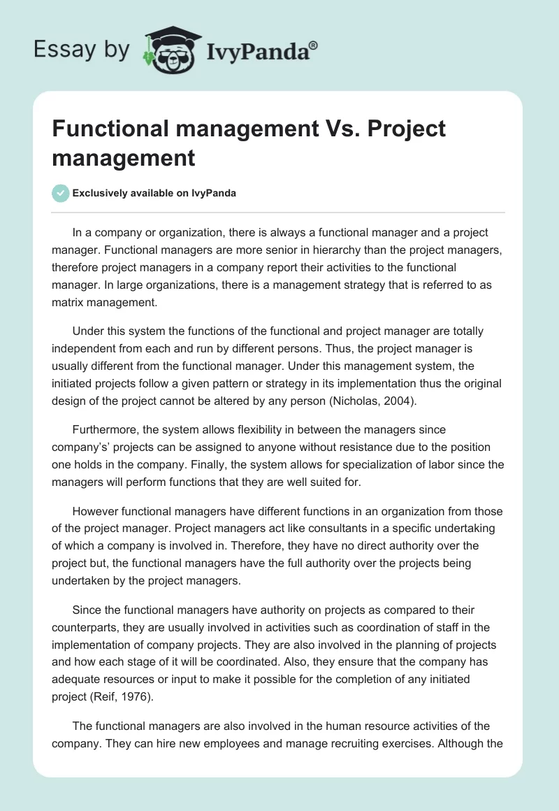 Functional management Vs. Project management. Page 1