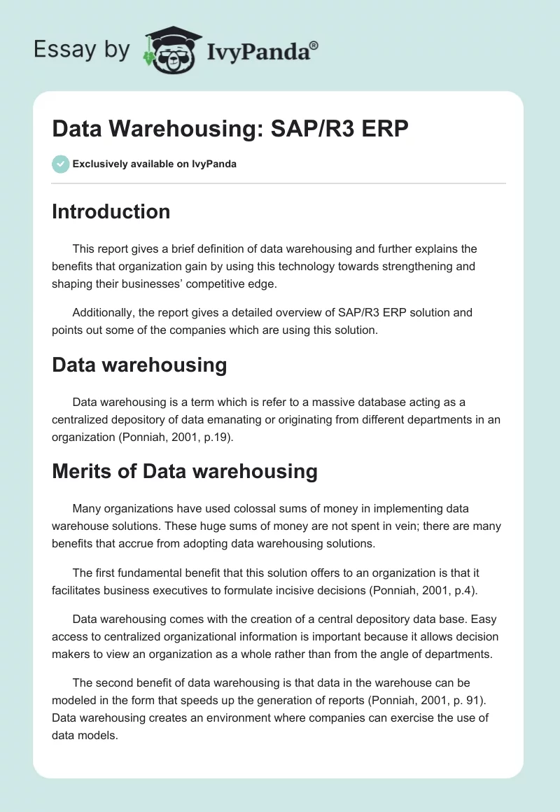 Data Warehousing: SAP/R3 ERP. Page 1