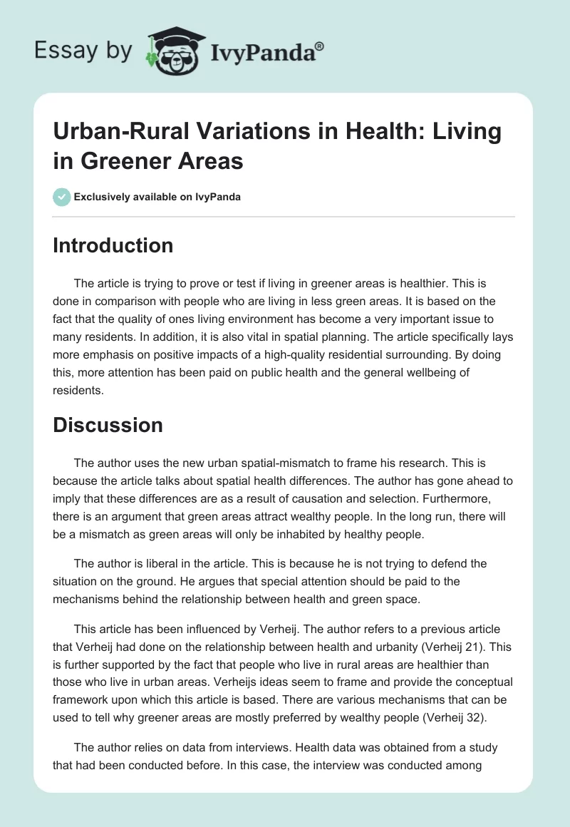 Urban-Rural Variations in Health: Living in Greener Areas. Page 1