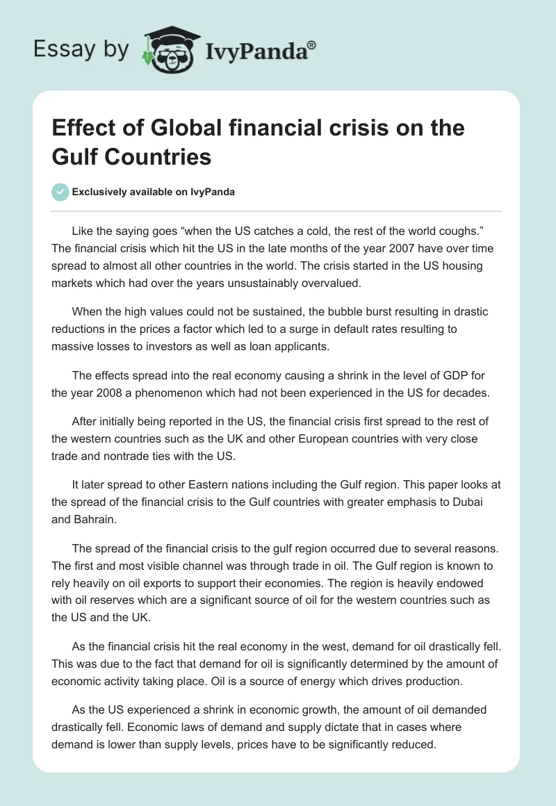 Effect of Global financial crisis on the Gulf Countries. Page 1