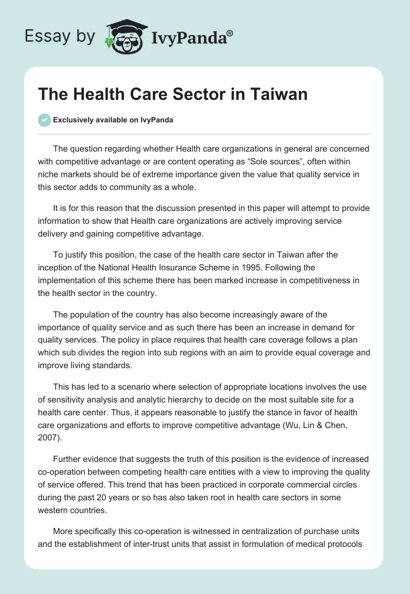 The Health Care Sector in Taiwan. Page 1