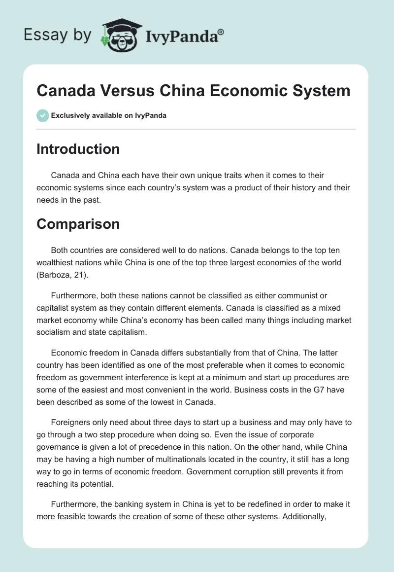 Canada Versus China Economic System. Page 1
