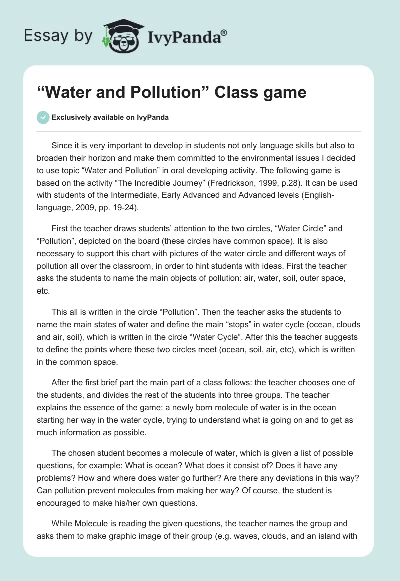 “Water and Pollution” Class Game. Page 1