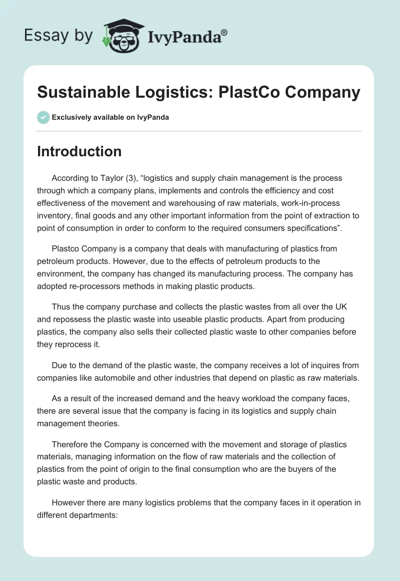 Sustainable Logistics: PlastCo Company. Page 1