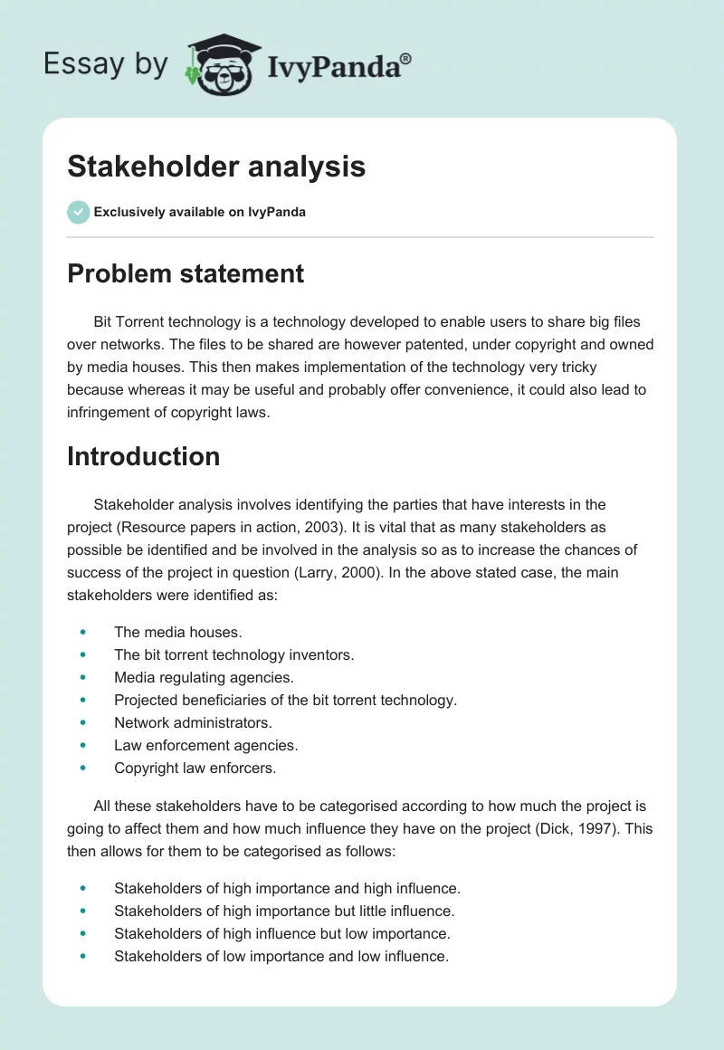 Stakeholder analysis. Page 1