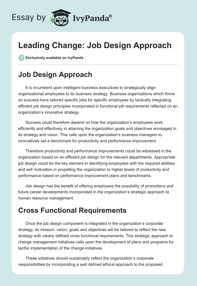 Leading Change: Job Design Approach. Page 1
