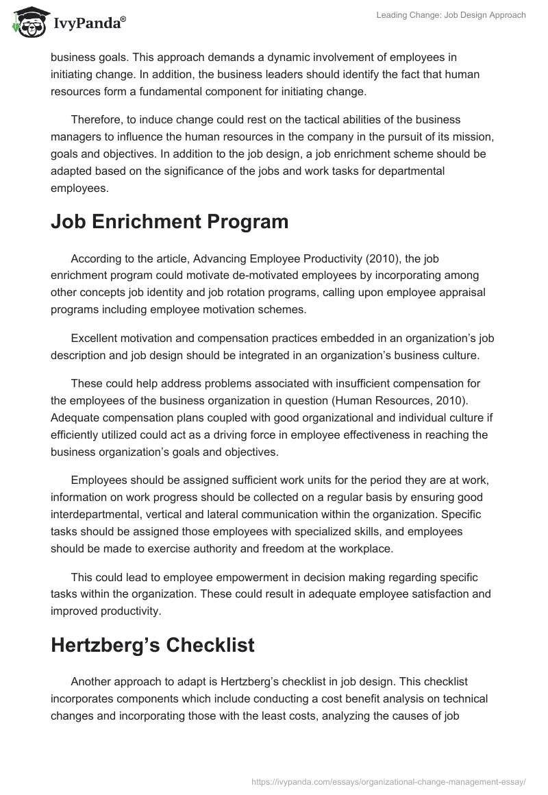 Leading Change: Job Design Approach. Page 2