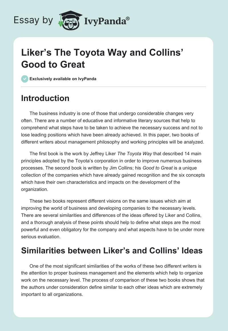 Liker’s The Toyota Way and Collins’ Good to Great. Page 1