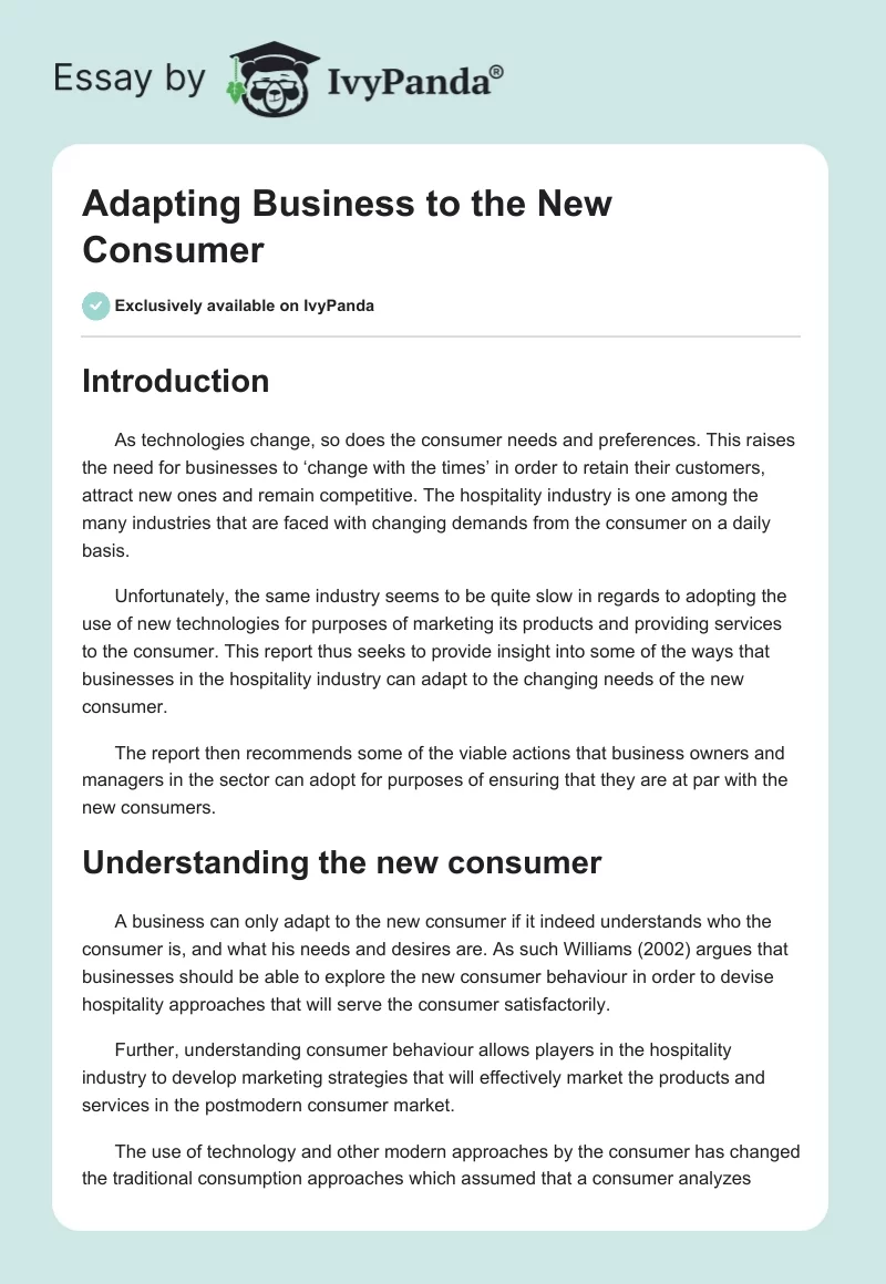 Adapting Business to the New Consumer - 2218 Words | Report Example