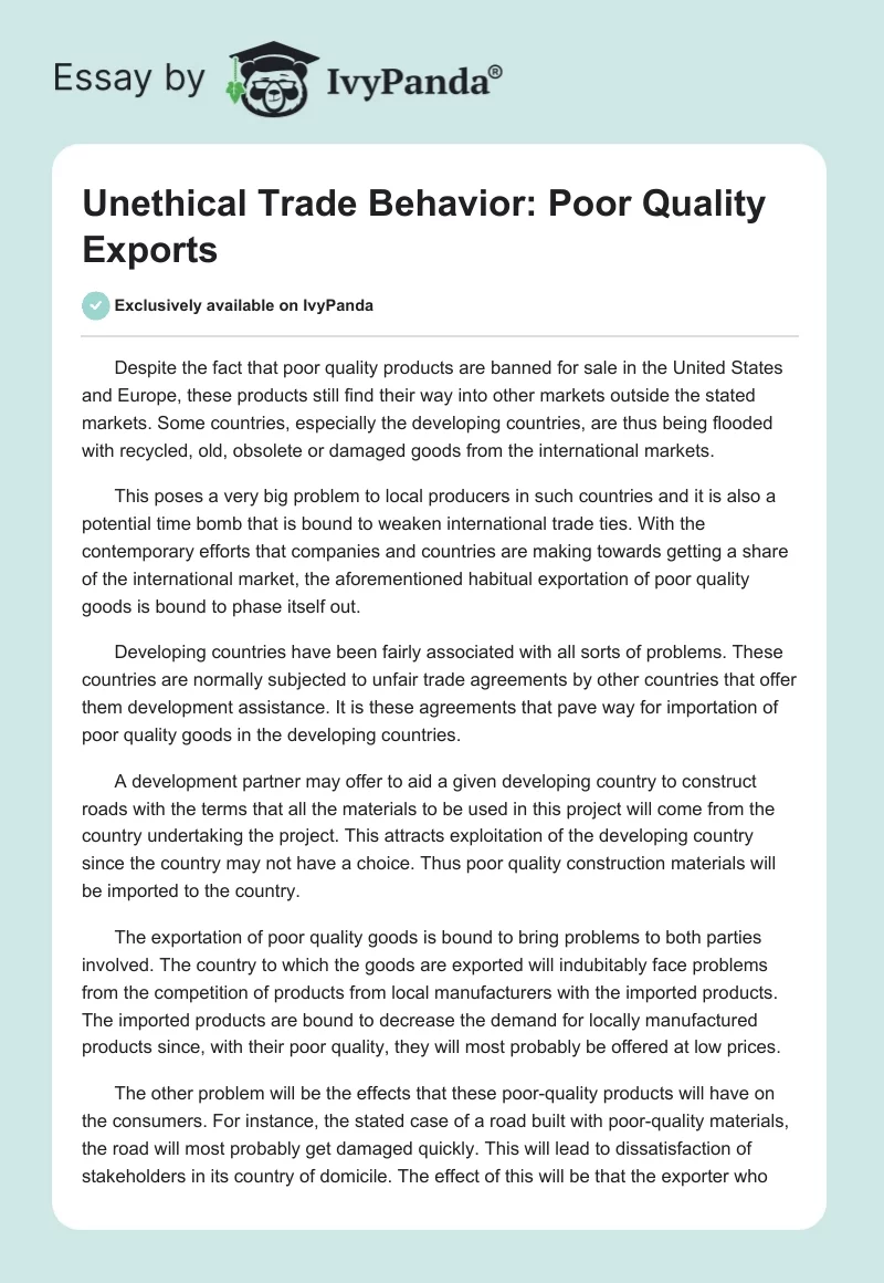 Unethical Trade Behavior: Poor Quality Exports. Page 1