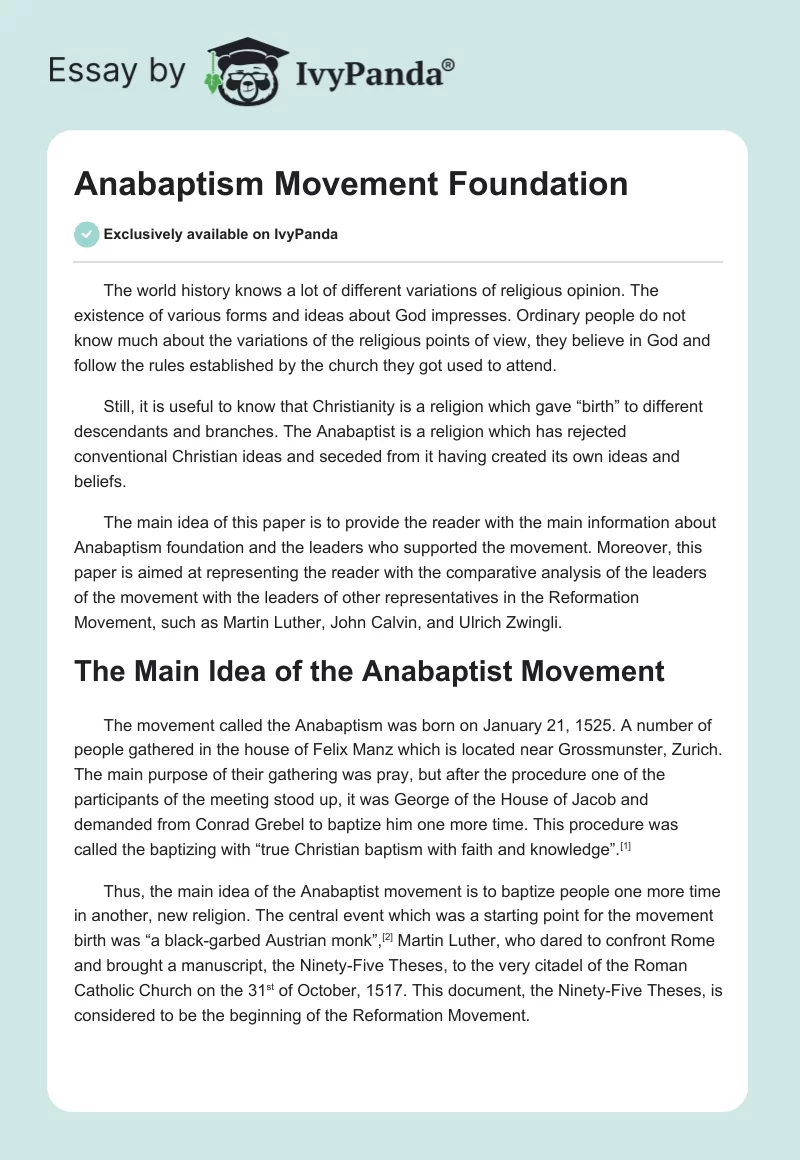 Anabaptism Movement Foundation. Page 1