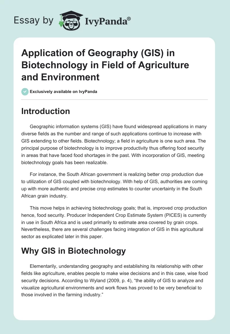 Application of Geography (GIS) in Biotechnology in Field of Agriculture and Environment. Page 1