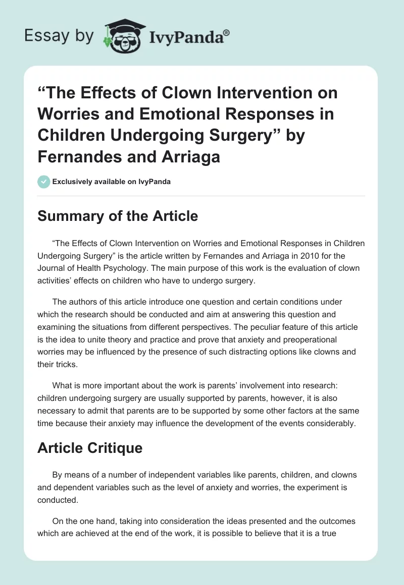 “The Effects of Clown Intervention on Worries and Emotional Responses in Children Undergoing Surgery” by Fernandes and Arriaga. Page 1