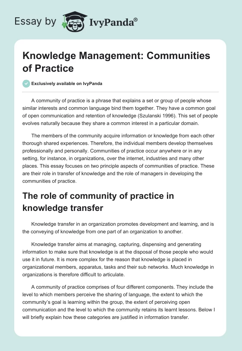 Knowledge Management: Communities of Practice. Page 1