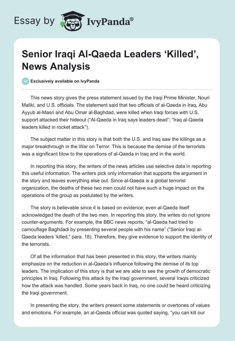 Senior Iraqi Al-Qaeda Leaders ‘Killed’, News Analysis. Page 1