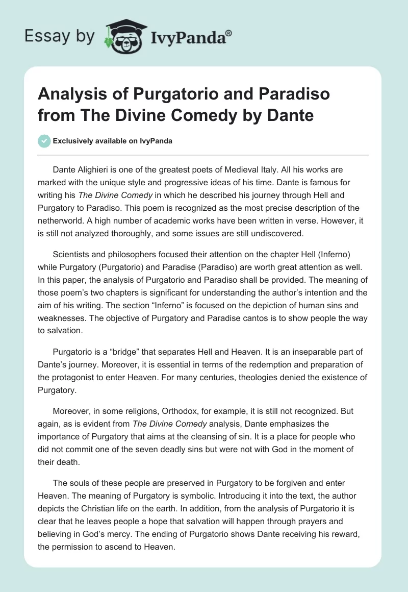 Analysis of Purgatorio and Paradiso from The Divine Comedy by Dante. Page 1