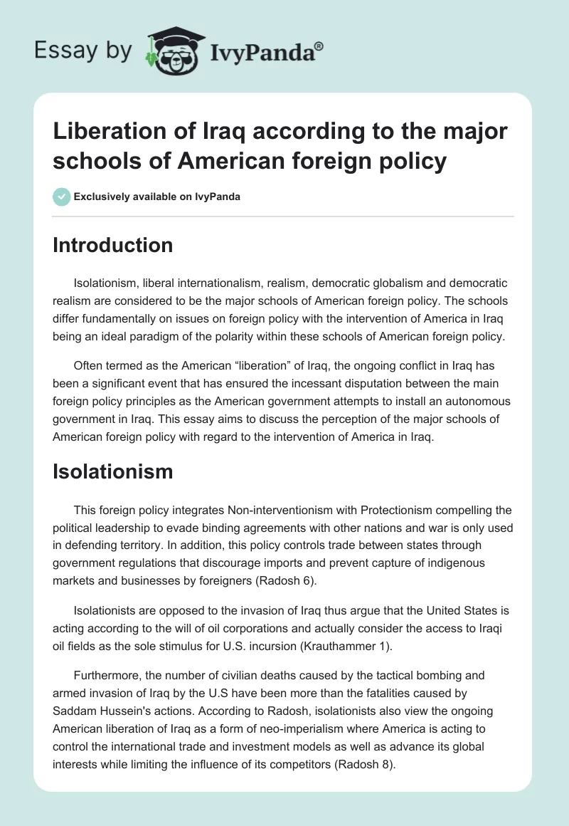 Liberation of Iraq according to the major schools of American foreign policy. Page 1
