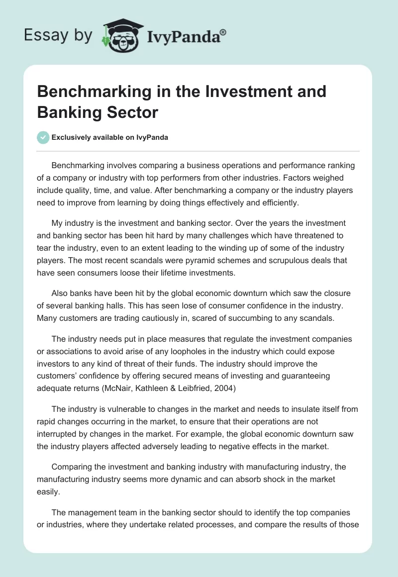 Benchmarking in the Investment and Banking Sector. Page 1