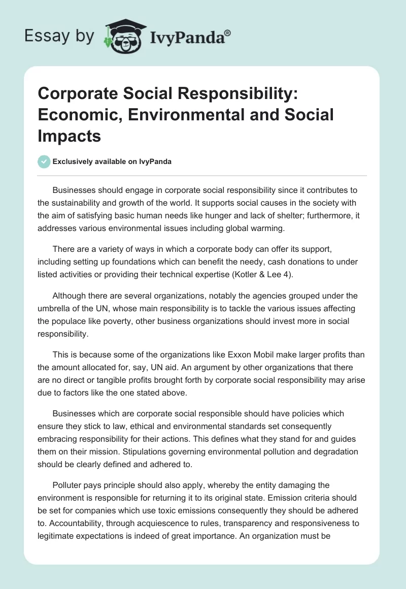 Corporate Social Responsibility: Economic, Environmental and Social Impacts. Page 1