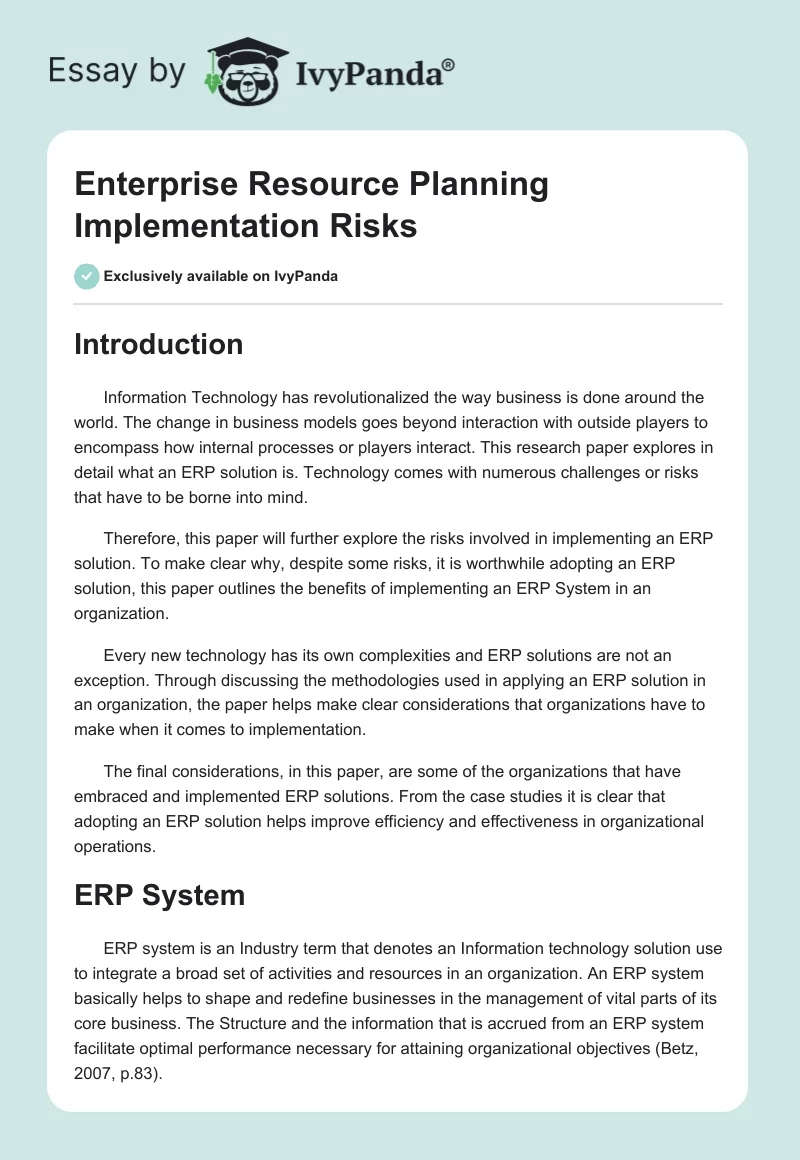 Enterprise Resource Planning Implementation Risks. Page 1