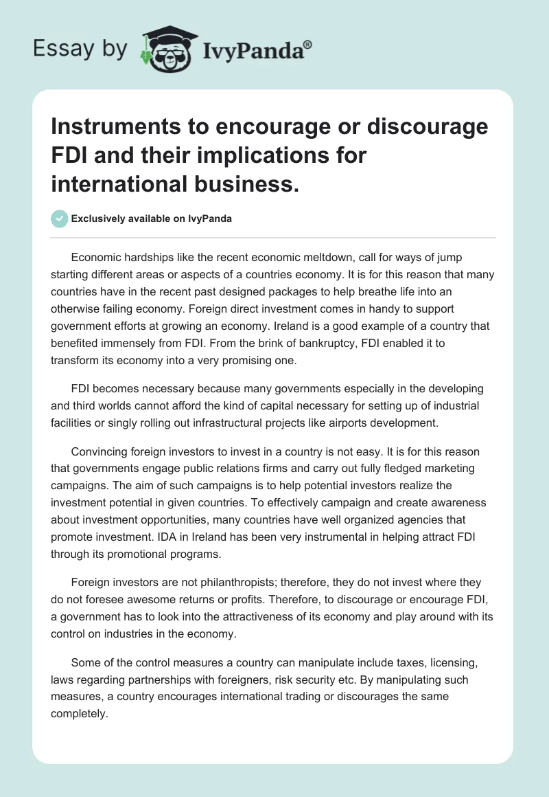Instruments to Encourage or Discourage Fdi and Their Implications for International Business.. Page 1
