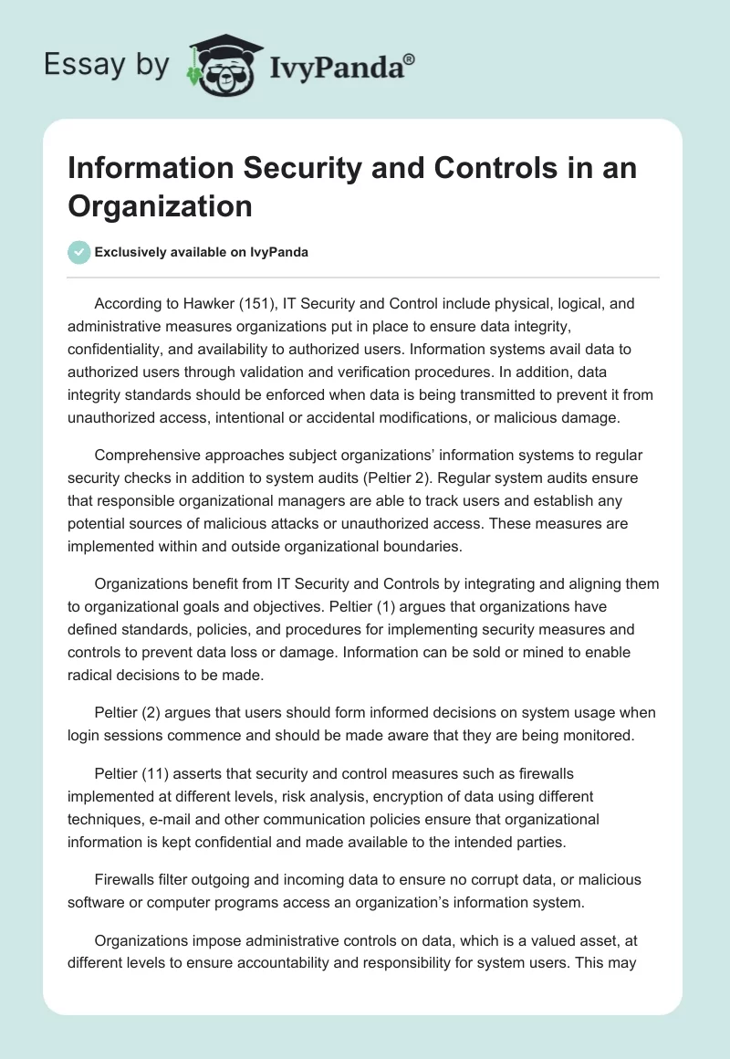 Information Security and Controls in an Organization. Page 1