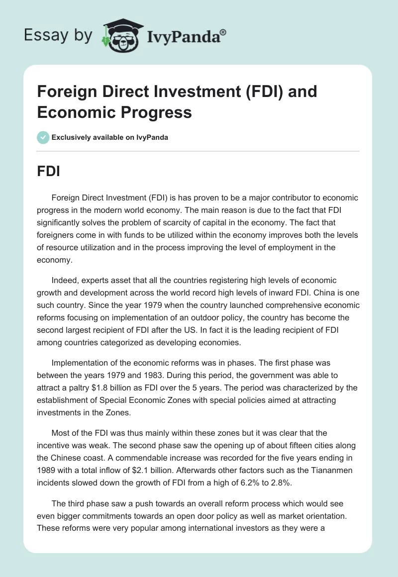 Foreign Direct Investment (FDI) and Economic Progress. Page 1
