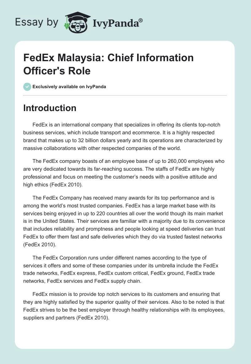 FedEx Malaysia: Chief Information Officer's Role. Page 1
