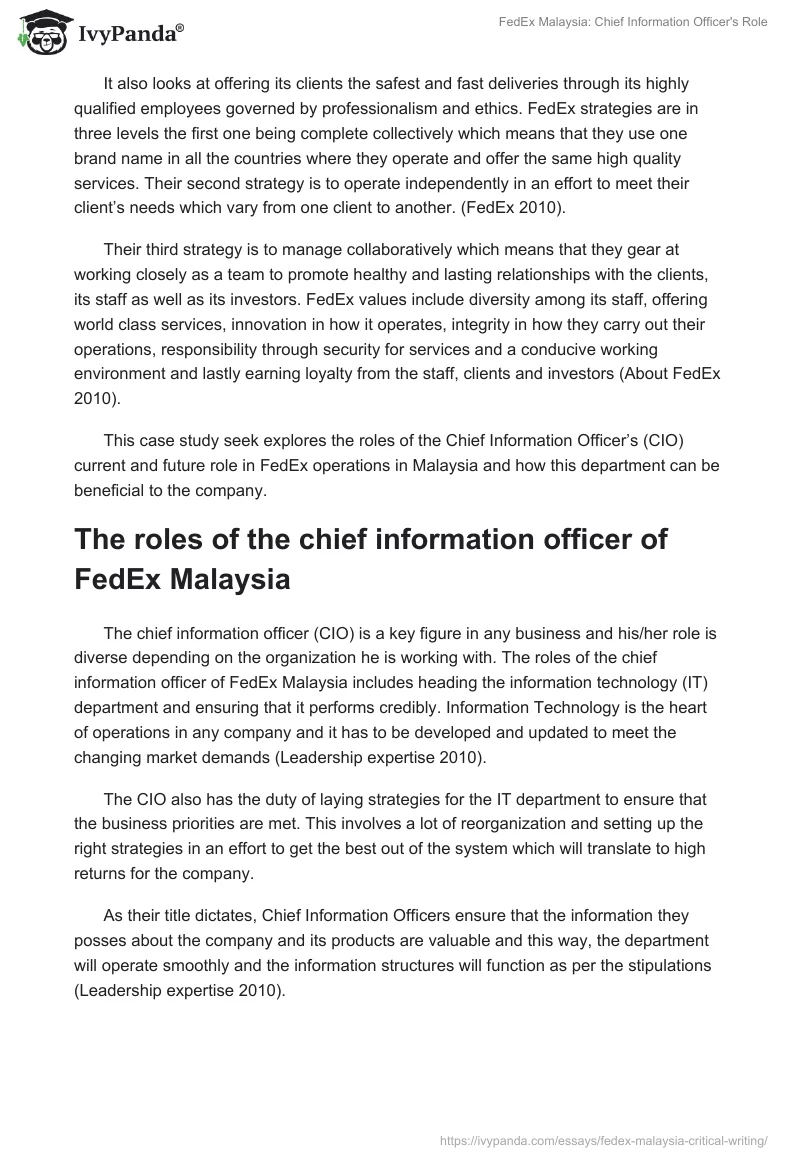 FedEx Malaysia: Chief Information Officer's Role. Page 2