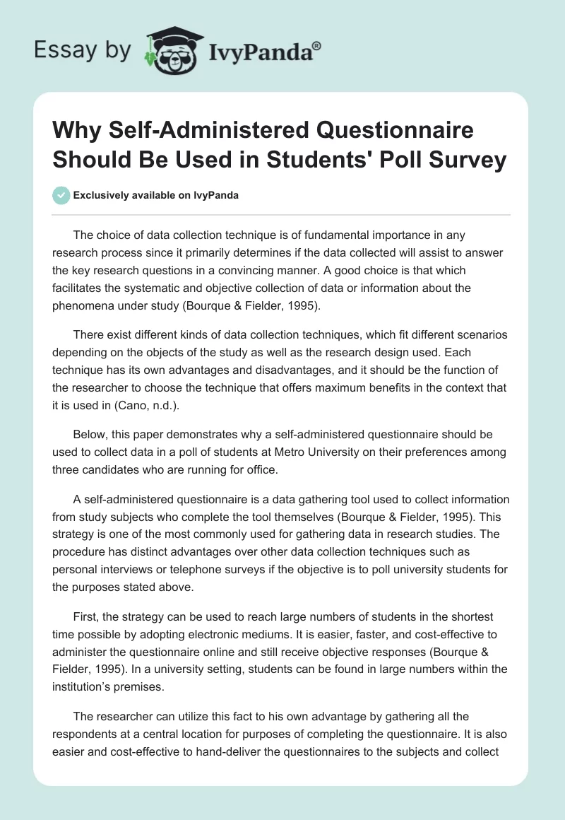 Why Self-Administered Questionnaire Should Be Used in Students' Poll Survey. Page 1