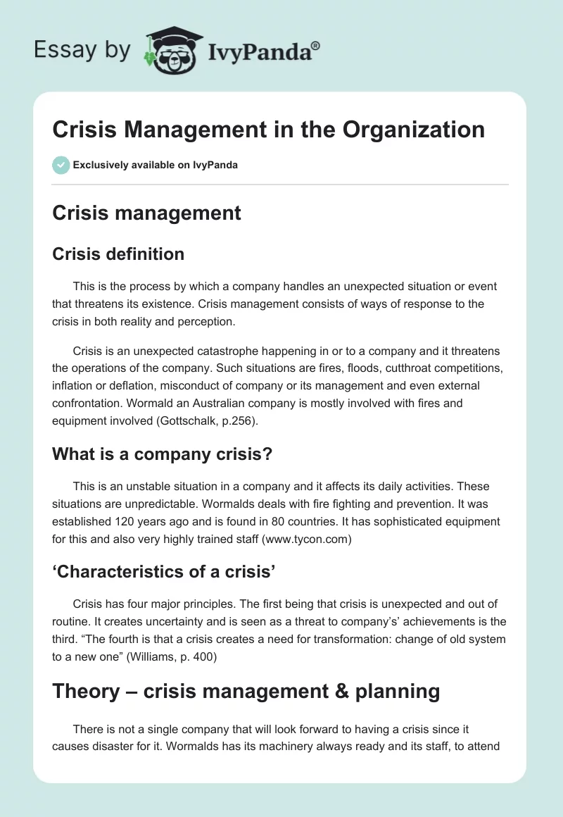 Crisis Management in the Organization. Page 1