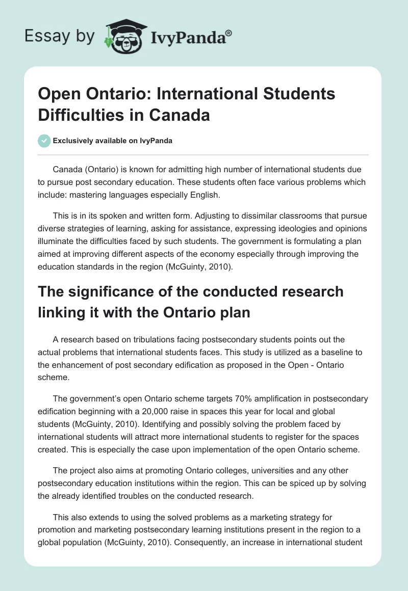 Open Ontario: International Students Difficulties in Canada. Page 1