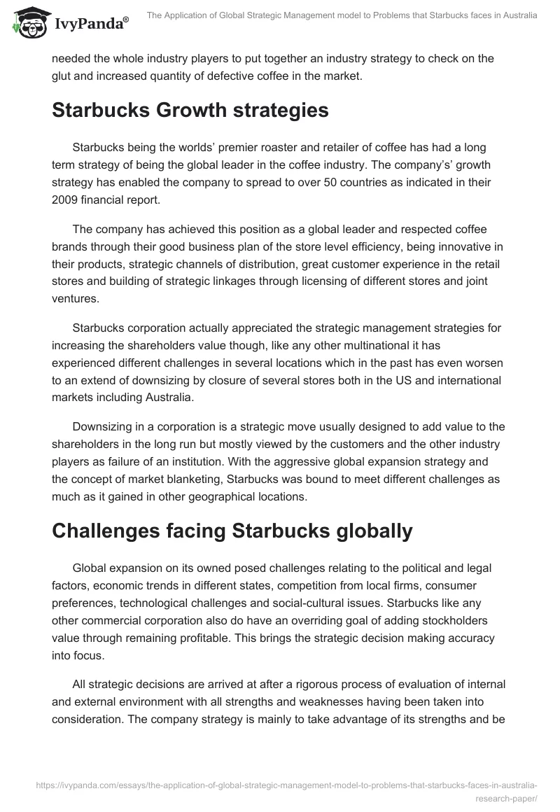 The Application of Global Strategic Management model to Problems that Starbucks faces in Australia. Page 2