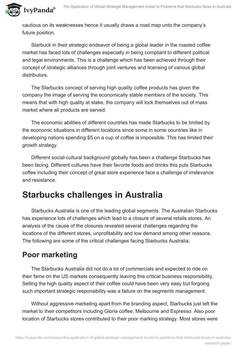 The Application of Global Strategic Management model to Problems that Starbucks faces in Australia. Page 3