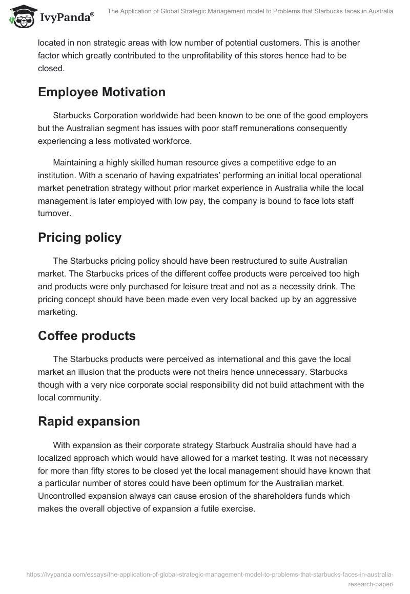 The Application of Global Strategic Management model to Problems that Starbucks faces in Australia. Page 4