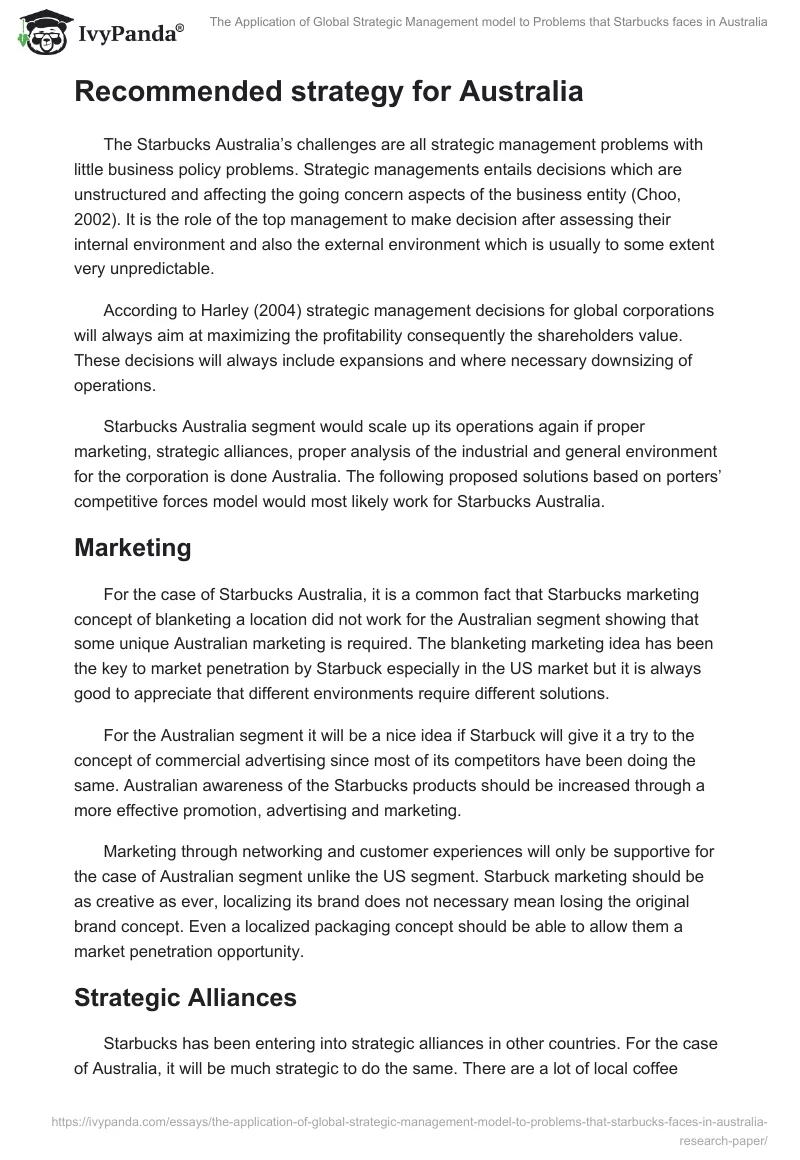 The Application of Global Strategic Management model to Problems that Starbucks faces in Australia. Page 5