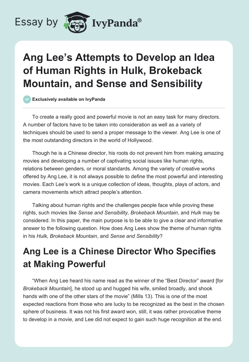 Ang Lee’s Attempts to Develop an Idea of Human Rights in Hulk, Brokeback Mountain, and Sense and Sensibility. Page 1