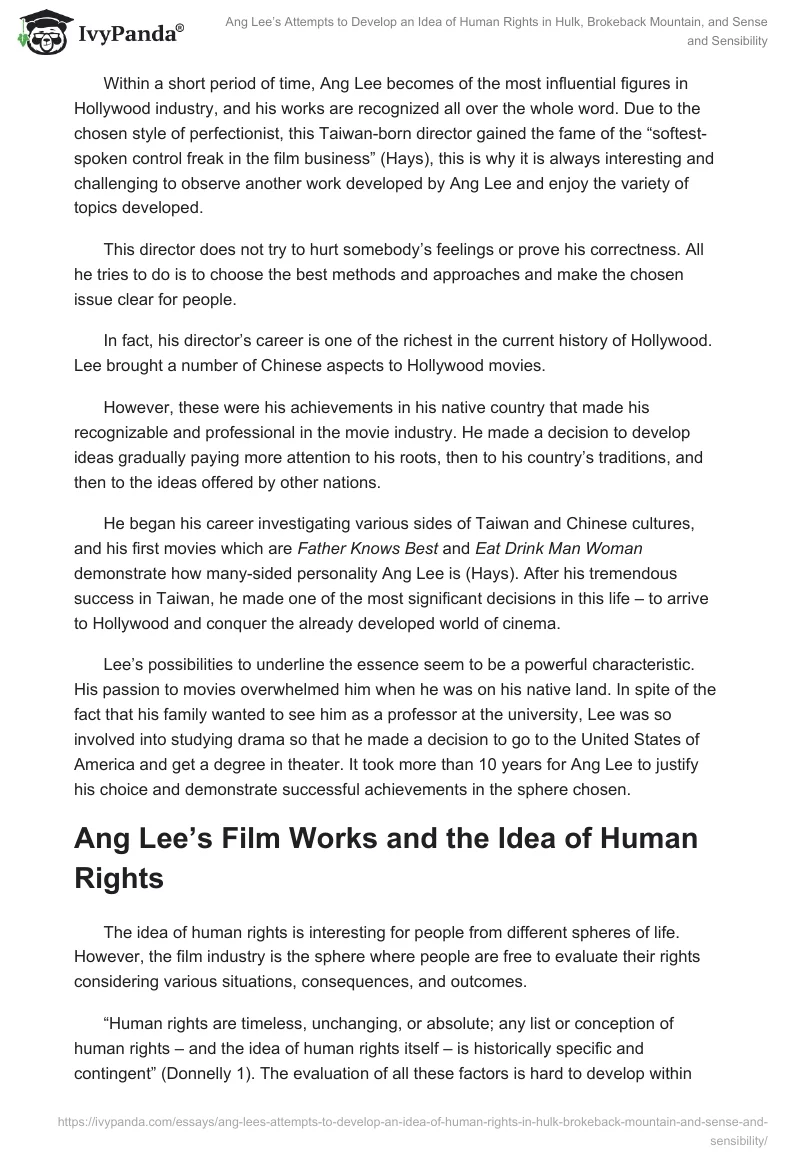 Ang Lee’s Attempts to Develop an Idea of Human Rights in Hulk, Brokeback Mountain, and Sense and Sensibility. Page 2