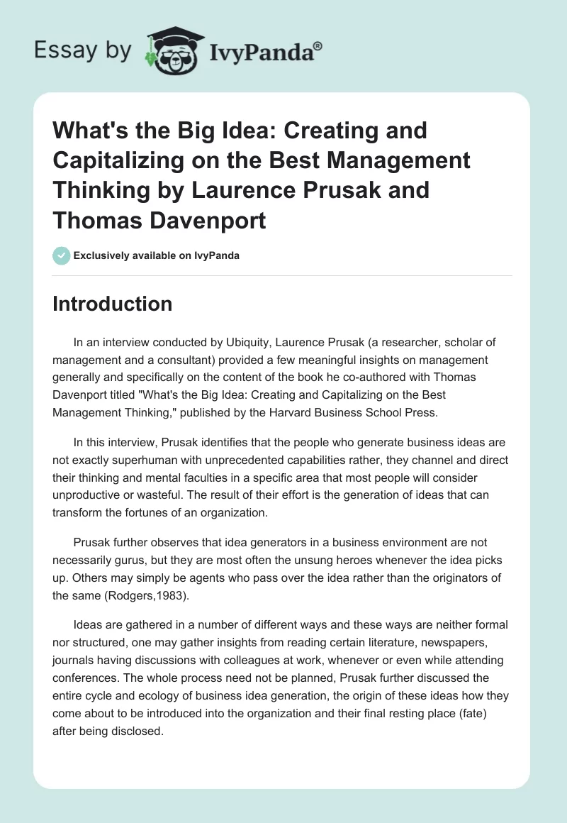 "What's the Big Idea: Creating and Capitalizing on the Best Management Thinking" by Laurence Prusak and Thomas Davenport. Page 1