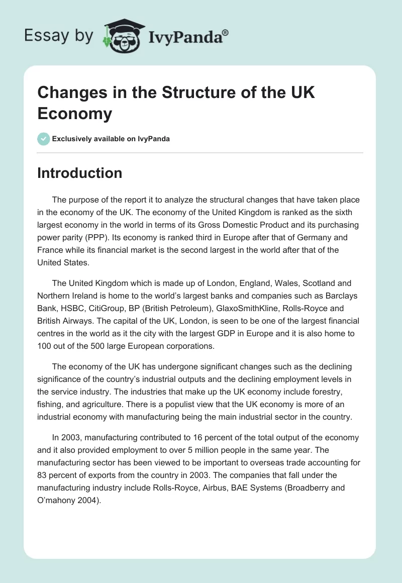 Changes in the Structure of the UK Economy. Page 1