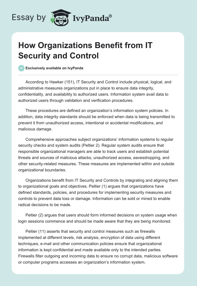 How Organizations Benefit from IT Security and Control. Page 1