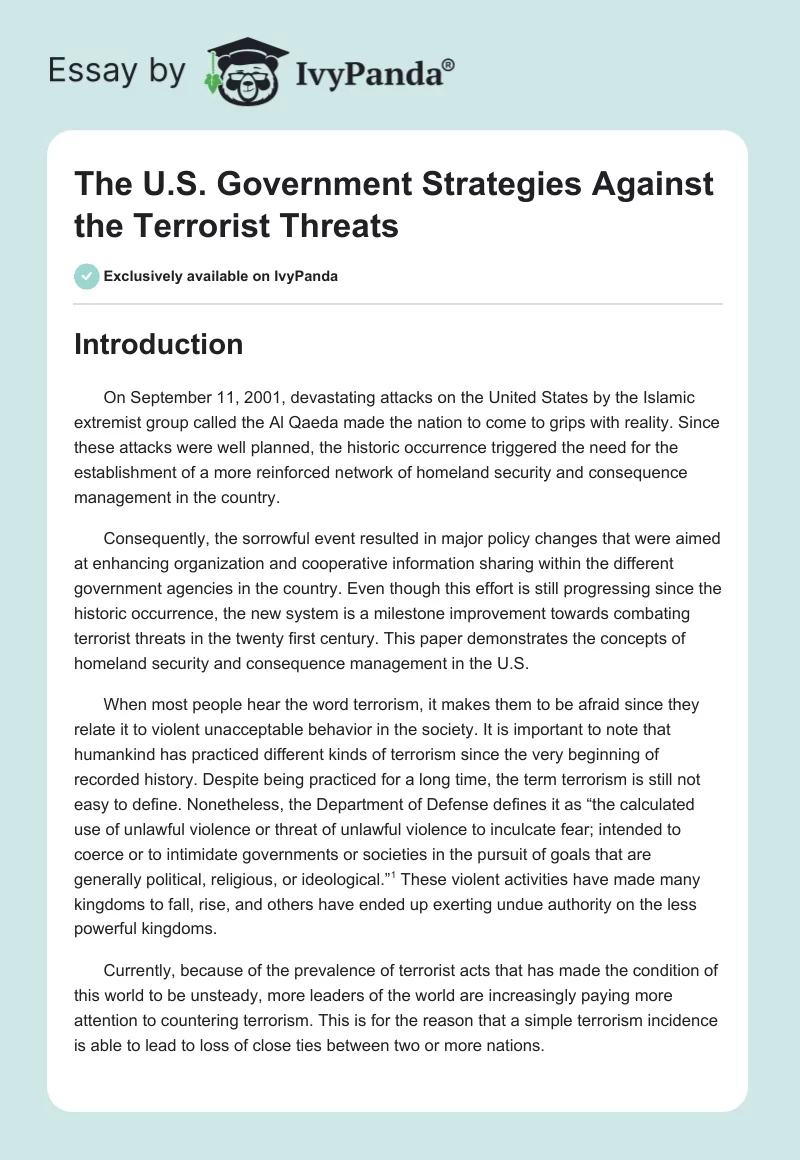 The U.S. Government Strategies Against the Terrorist Threats. Page 1