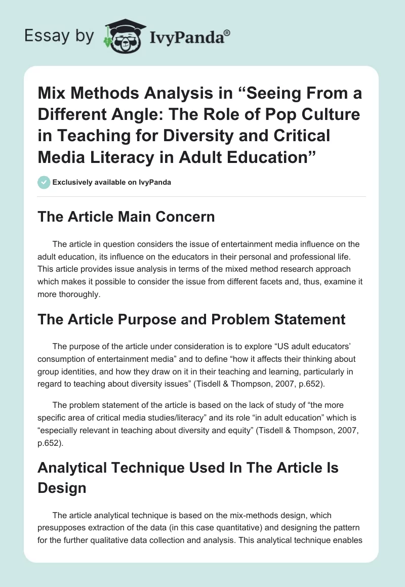 Mix Methods Analysis in “Seeing From a Different Angle: The Role of Pop Culture in Teaching for Diversity and Critical Media Literacy in Adult Education”. Page 1