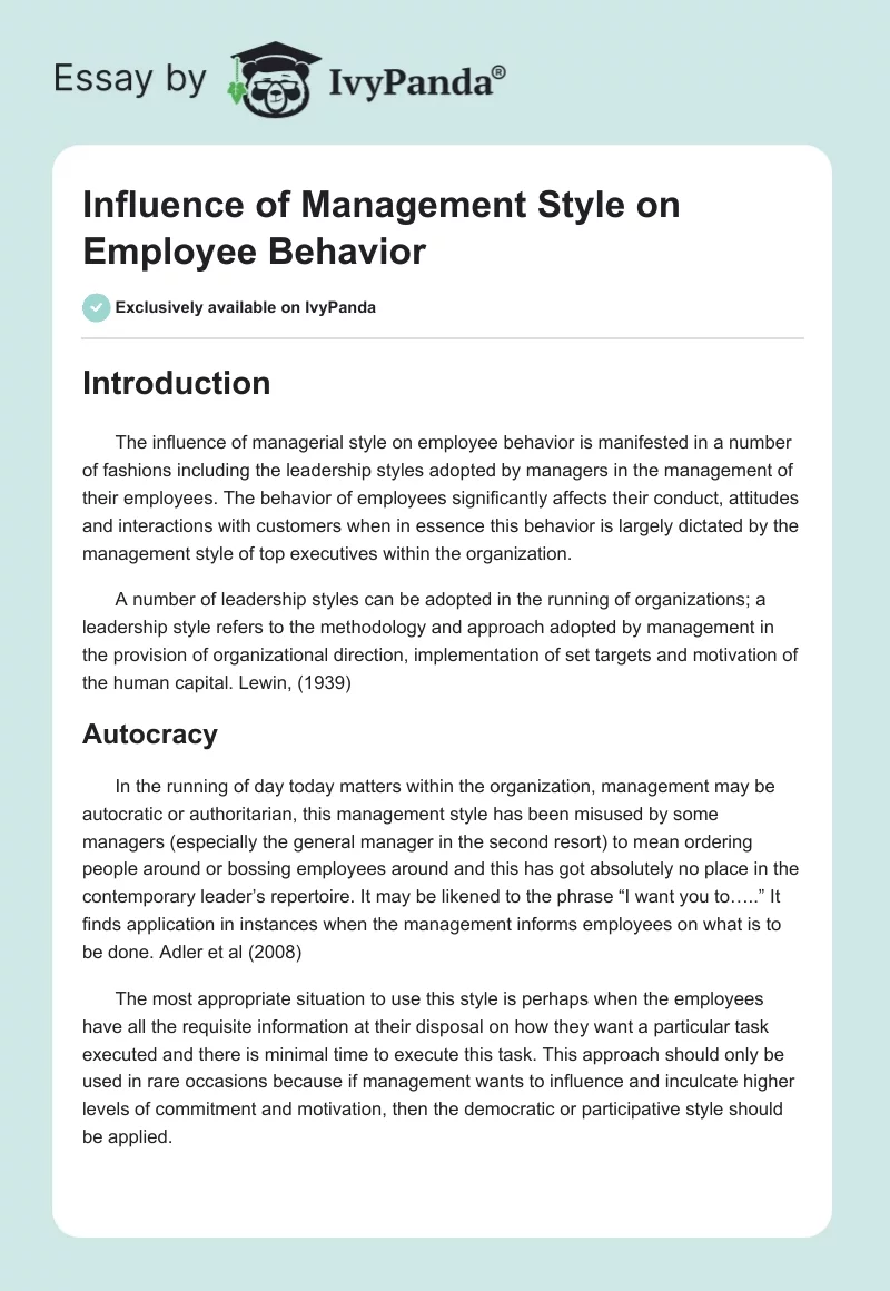 Influence of Management Style on Employee Behavior. Page 1