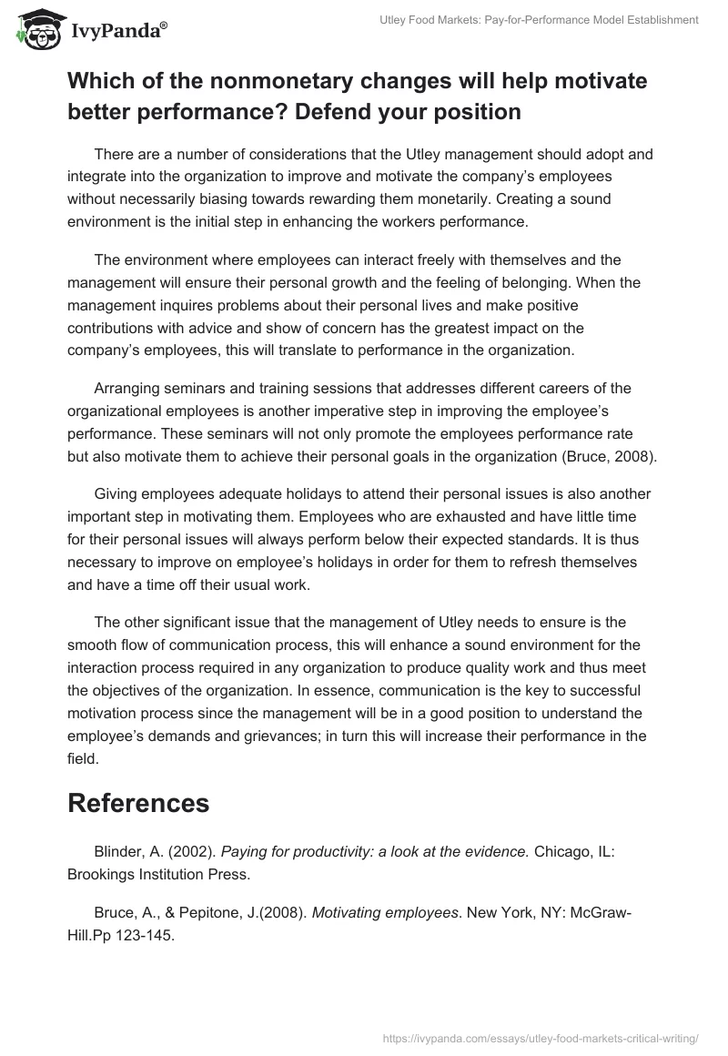 Utley Food Markets: Pay-for-Performance Model Establishment. Page 4