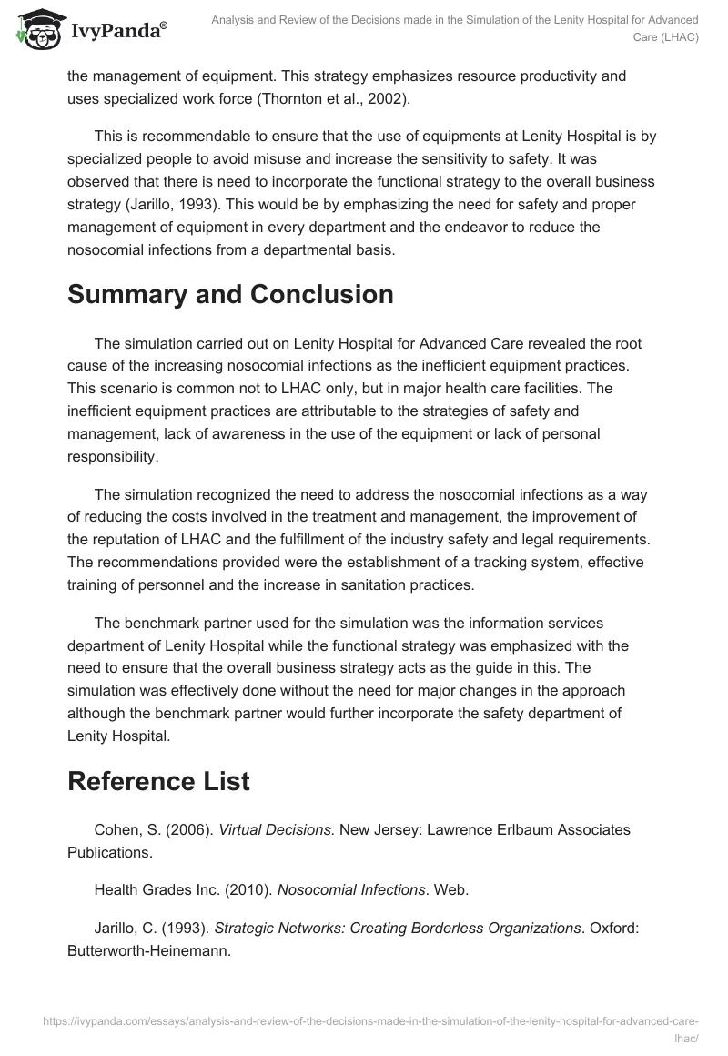 Analysis and Review of the Decisions made in the Simulation of the Lenity Hospital for Advanced Care (LHAC). Page 5