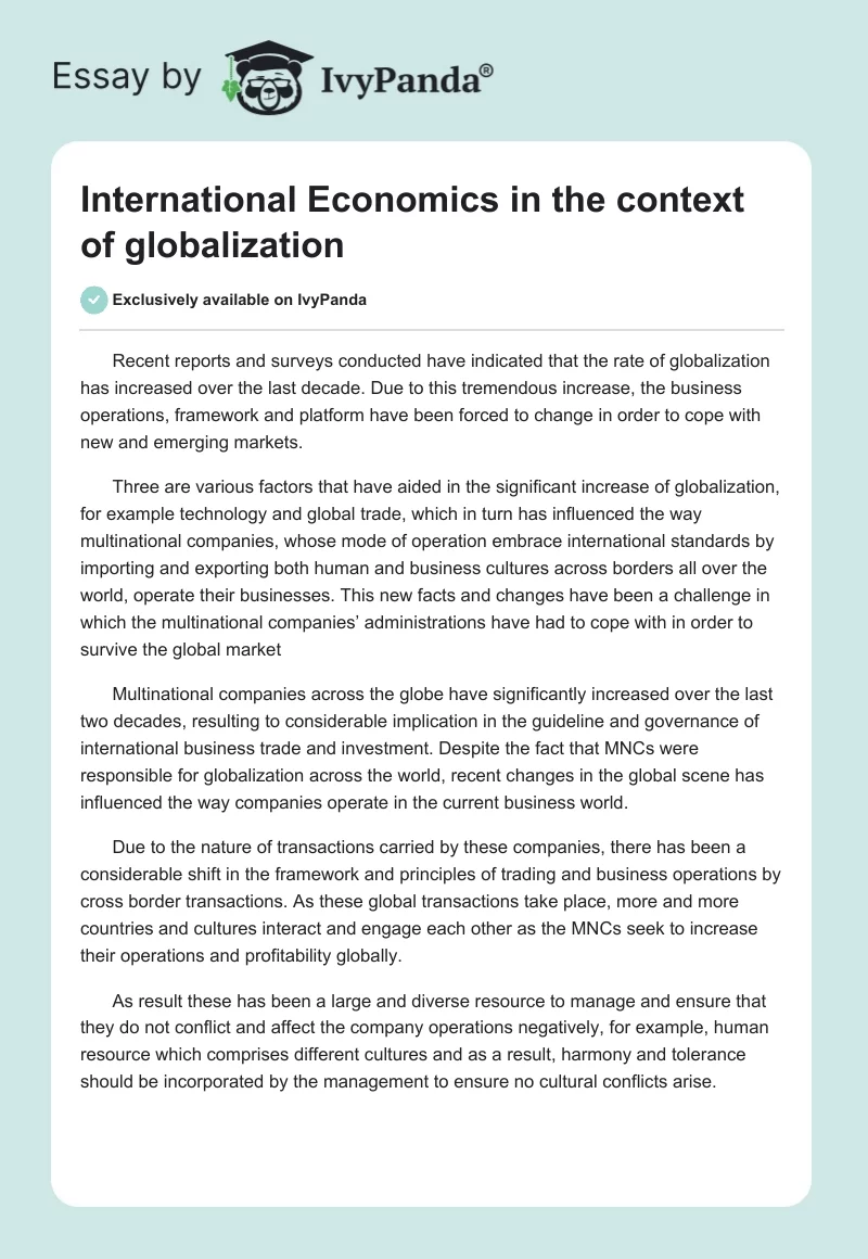 International Economics in the context of globalization. Page 1