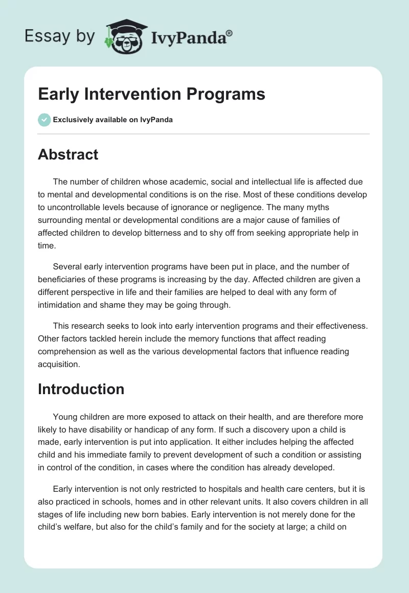 Early Intervention Programs. Page 1